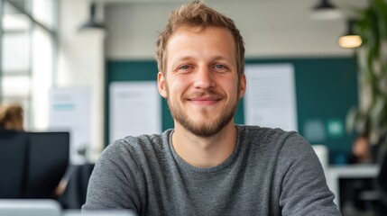 Fototapeta premium A man smiling in a modern office