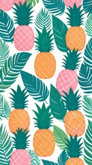 Whole pineapple with tropical leaves background