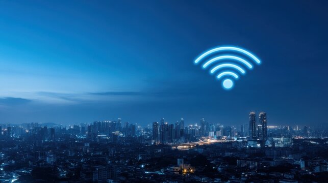 Urban Skyline Under Night Sky with Wi-Fi Signal Icon Above Cityscape