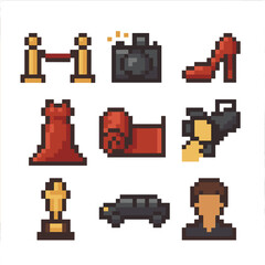 Red Carpet Icon Set. Pixel art icon set of red carpet events: velvet rope, paparazzi camera, high heel, evening gown, red carpet