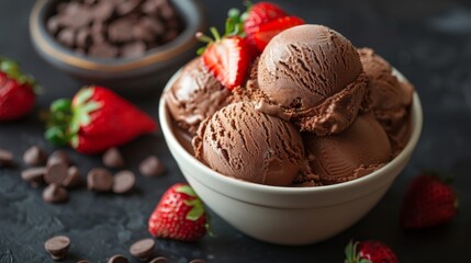 A tempting bowl of chocolate ice cream scoops paired with fresh strawberries, creating a delightful dessert scene full of rich colors and textures for dessert lovers.
