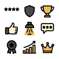 Reputation Icons Grid. Flat icon set of brand reputation: star rating, shield, trophy, thumbs up, spotlight, review bubble, badge,