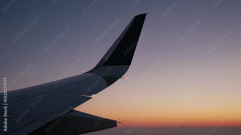 Poster majestic airplane wing slicing through the sky, bathed in the warm hues of a breathtaking sunset, cr