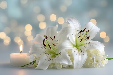 White Lily Flowers And Candle Arrangement