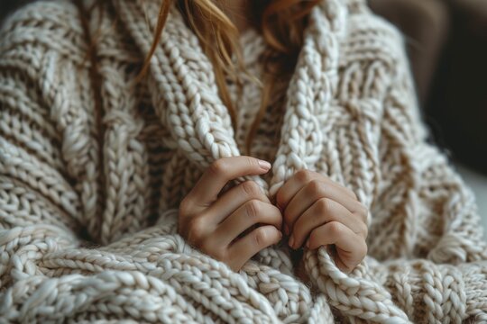A close-up view of warm, knit sweater hands, symbolizing comfort and warmth, inviting viewers into a cozy atmosphere filled with a sense of peace and tranquility.