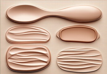 Abstract, light peach-toned, 3D renderings of various food containers, including a spoon-like shape, and containers with sculpted, wavy patterns