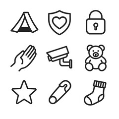 Safe Space Icons. Outline icon set of safe spaces: blanket tent, heart shield, lock icon, comforting hand, security camera,