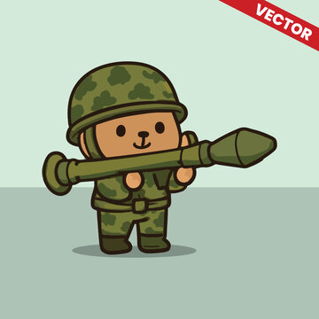 Cute army kids bring bazooka gesture illustration vector style editable illustration