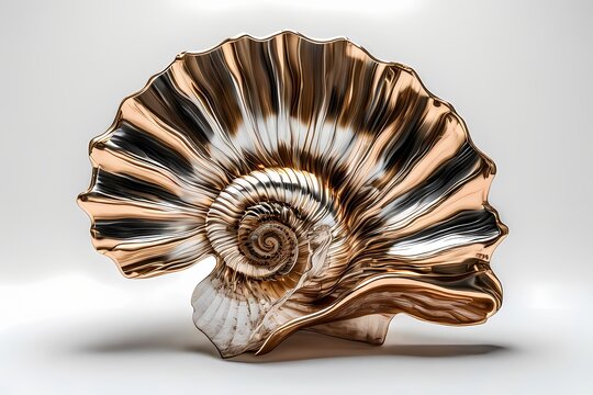 Abstract spiral swirl, like a shell or wind vortex, formed in concentric brushed metal bands &mdash; alternating gold and rose bronze finishes to enhance depth and light reflection, metalic work 