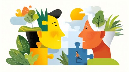 Colorful puzzle pieces interlock, depicting two faces engaged in conversation. Surrounding them are elements of nature, symbolizing connection and growth in a serene environment