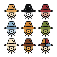 Scarecrow Hat Icons. Outline icon set of scarecrow hat color variations: natural straw, pitch black, deep red, sky blue, sunset