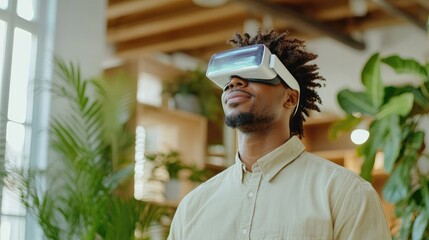 A man wearing VR glasses, looking upward, in a modern interior with plants