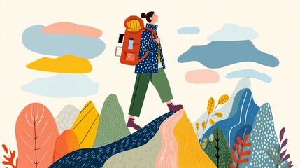 A person with ADHD is enjoying a climb through a vibrant, stylized mountain landscape, showcasing their passion for outdoor adventures and exploration of nature's beauty