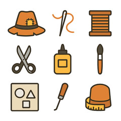 Scarecrow Hat Tools Icons. Flat icon set of scarecrow hat crafting tools: sewing needle, thread spool, patch scissors, glue bottle