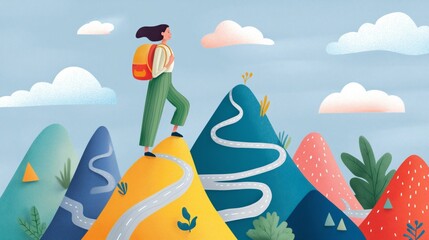 A person with ADHD is engaged in climbing a vibrant mountain path surrounded by whimsical peaks and colorful flora, emphasizing the journey of self-discovery and adventure in nature