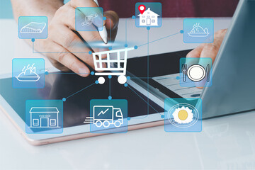 Business food use technology Modern. Food Tech concept. Growing, preparing and delivering food and meals.