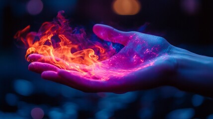 A hand glows with vibrant, multicolored flames