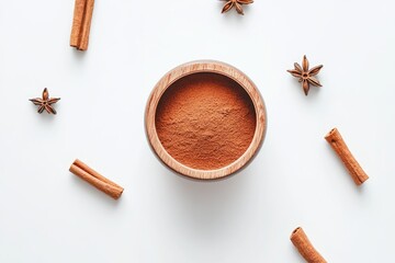 Wooden bowl of cinnamon powder, surrounded by cinnamon sticks and star anise on white background