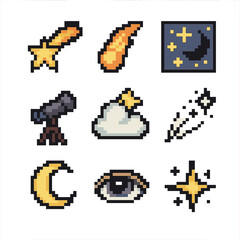 Fototapeta premium Shooting Star Icons. Pixel art icon set of shooting star wishes: shooting star, comet tail, night sky, telescope, wish cloud,