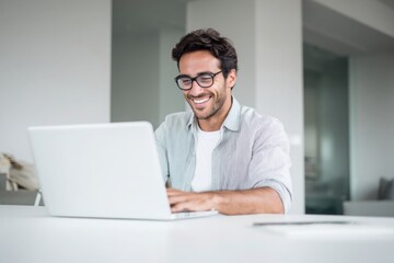 A handsome man in a shirt and glasses is sitting at a white table with a laptop, smiling while working on a digital marketing project in a modern office room with copy space.
