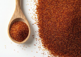 Wooden spoon holds a pile of reddish-brown spice granules, spilling onto a white surface