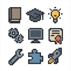 Skill Development Icons. Pixel art icon set of skill acquisition: book, graduation cap, light bulb, gears, computer, certificate,