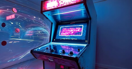 Dynamic long exposure shot of a vintage arcade game cabinet with colorful light trails and a vibrant neon glow. - Powered by Adobe