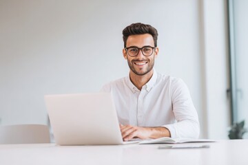 Plakat A handsome man in a shirt and glasses is sitting at a white table with a laptop, smiling while working on a digital marketing project in a modern office room with copy space.