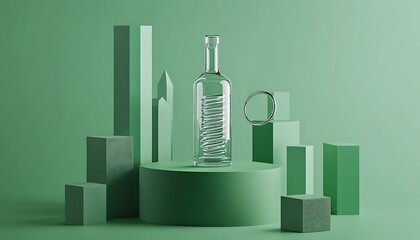 Floating glass bottle on green geometric product stand with spiral and cube elements