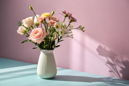 A delicate bouquet of assorted flowers in a white ceramic vase casts a soft shadow against a pastel pink wall on a light blue surface.