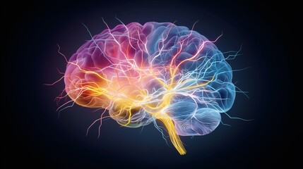 This conceptual illustration showcases a brain illuminated with dynamic colors, emphasizing its intricate neural connections and the complexity of cognitive processes