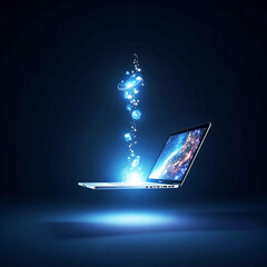 Floating Laptop with Glowing Digital Icons and Cloud Data Technology Concept