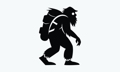 Bigfoot with backpack silhouette, hiking sasquatch silhouette, Bigfoot silhouette carrying a large backpack 