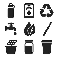 Sustainable Hydration Icons. Flat icon set of sustainable hydration: reusable bottle, refill station, recycle symbol, tap icon,