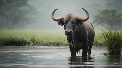 Obraz premium Water Buffalo in Morning Mist