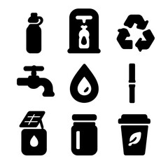 Sustainable Hydration Icons. Solid, Filled icon set of sustainable hydration: reusable bottle, refill station, recycle symbol, tap