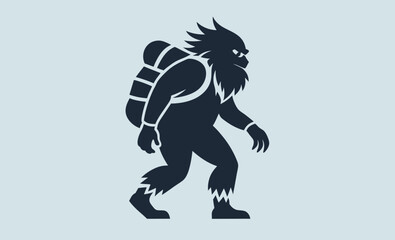 Bigfoot with backpack silhouette, hiking sasquatch silhouette, Bigfoot silhouette carrying a large backpack 
