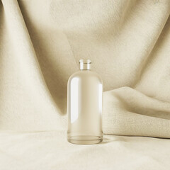 Minimalist Frosted Glass Bottle on Beige Fabric Background for Skincare and Product Mockup