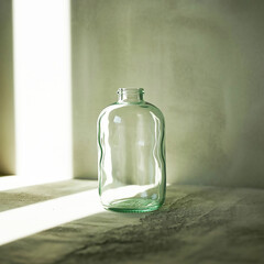 Minimal Clear Glass Bottle with Natural Sunlight and Shadow on Textured Surface