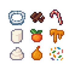 Sweet Garnishes Collection. Pixel art icon set of sweet garnishes: sugar rim, chocolate shavings, candy cane, marshmallow, fruit