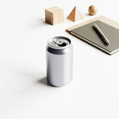 Minimal Aluminum Can Mockup with Geometric Shapes and Stationery on White Background