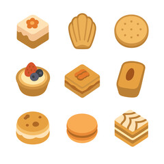 Tea Pastries Icons. Flat icon set of tea time pastries: petit four, madeleine, tea biscuit, fruit tartlet, baklava, financier,