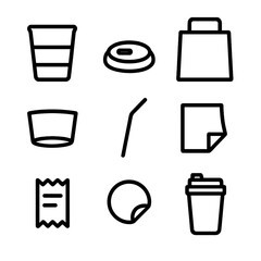 Takeaway Icon Set. Outline icon set of takeaway service: paper cup, to-go lid, coffee sleeve, takeaway bag, straw, napkin, receipt