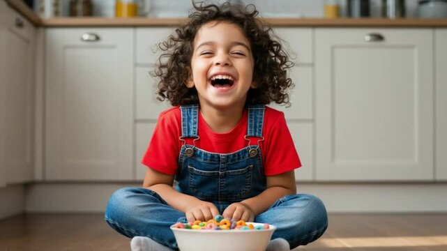 Child Giggling Alone After Spilling Bowl of Cereal, Playful Childhood Moment