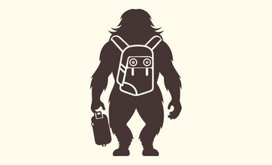 Bigfoot with backpack silhouette, hiking sasquatch silhouette, Bigfoot silhouette carrying a large backpack 