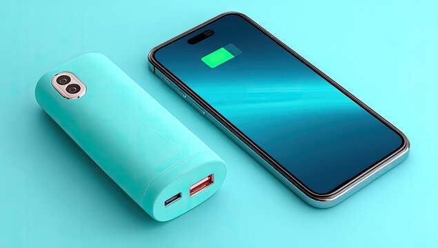 Teal Power Bank Charging Modern Smartphone - Powered by Adobe