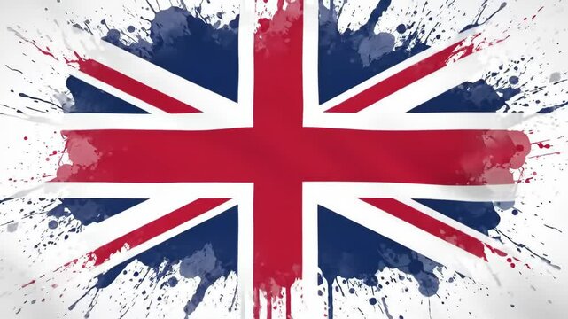 Union Jack watercolor splash blooms and spreads, fabric ripples