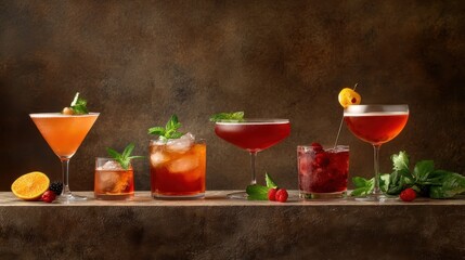 An enticing display of colorful cocktails in various glassware, garnished with fresh herbs and fruits, perfect for a sophisticated gathering or a lively celebration.