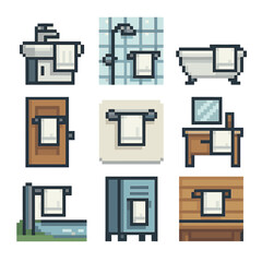 Towel Rack Icon Set. Pixel art icon set of towel rack placement: beside sink, shower wall, bathtub side, door back, mid-wall, near