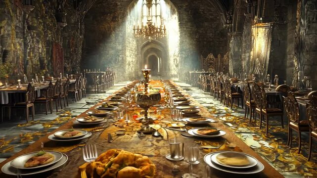 Grand hall banquet with long table, detailed interior